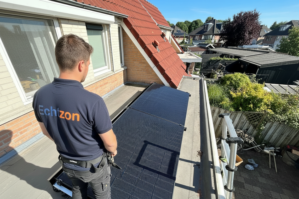 Echtzon monteur naast zonnepanelen