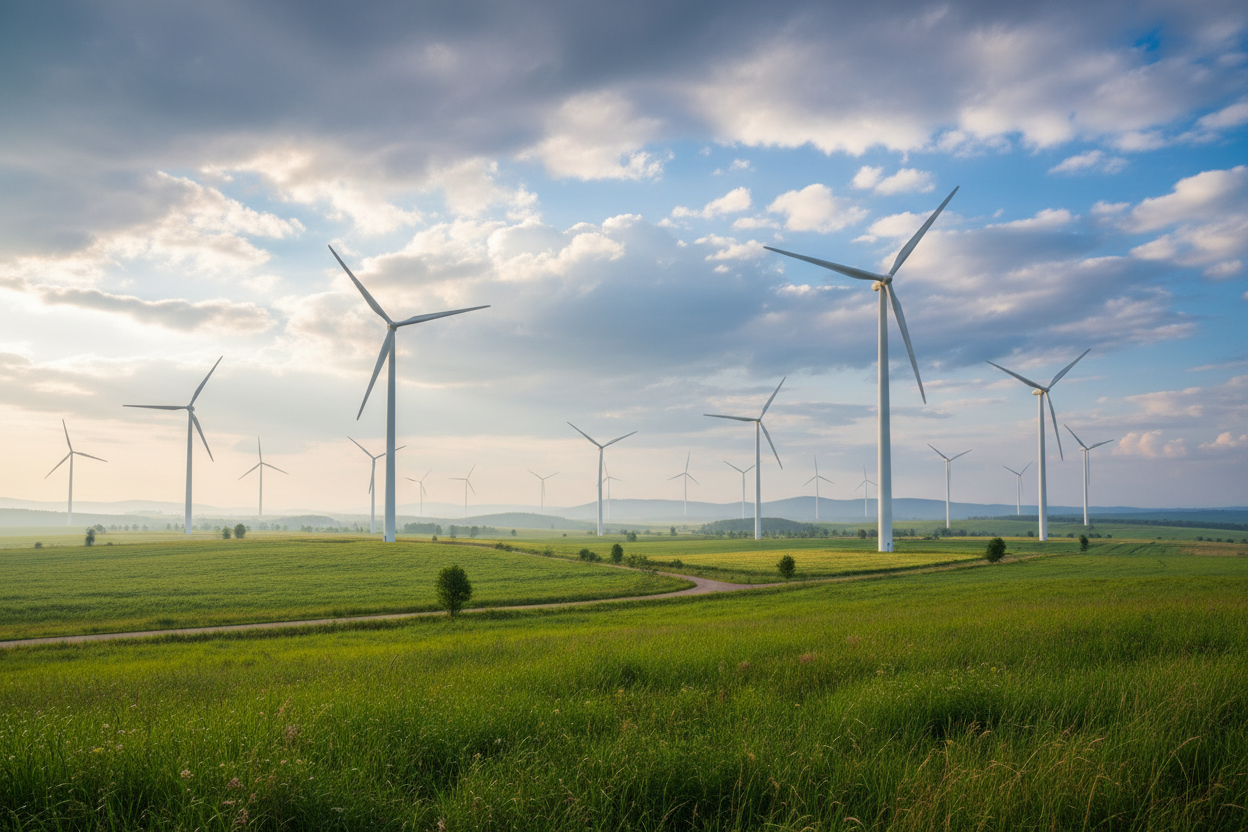Maak een mooie duurzaame afbeelding van een molen park met mooie wolken